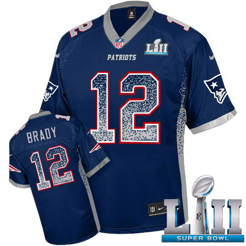 Nike Patriots #12 Tom Brady Navy Blue Team Color Super Bowl LII Youth Stitched NFL Elite Drift Fashion Jersey - Click Image to Close